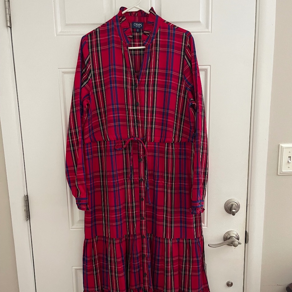 Chaps Red Tartan Plaid  Midi Dress-Size Medium